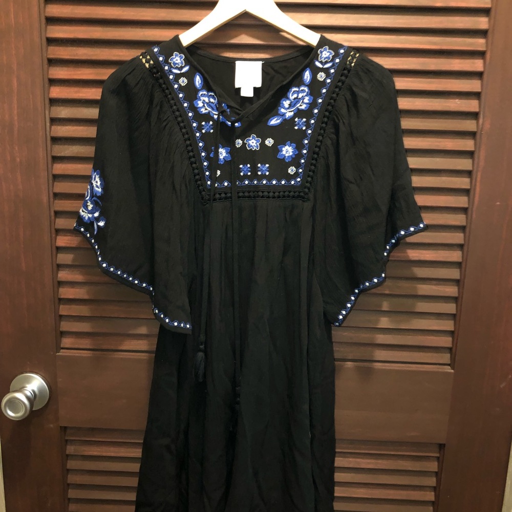 Black Dress with Blue Floral Embroidered Print